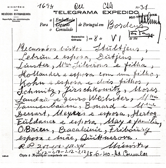 Telegram from Salazar denying visas to TENNENBAUM family and others