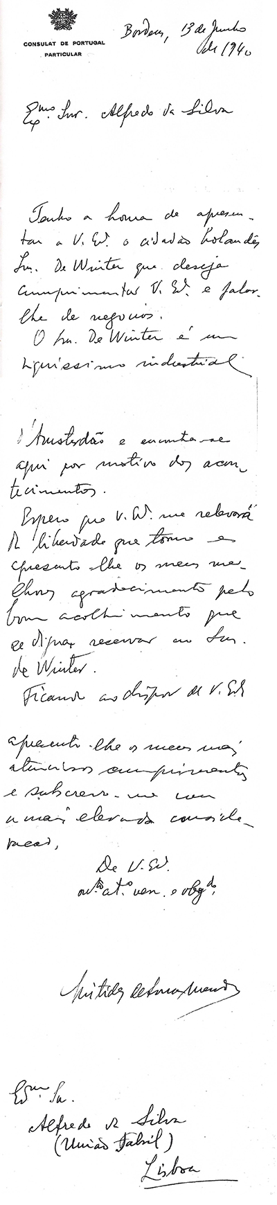 Letter from Sousa Mendes on behalf of DE WINTER