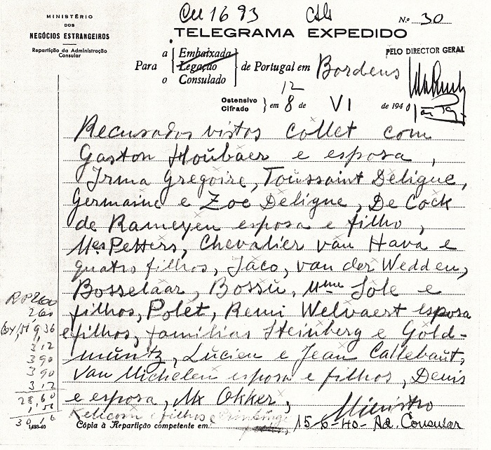 Telegram from Salazar to Sousa Mendes