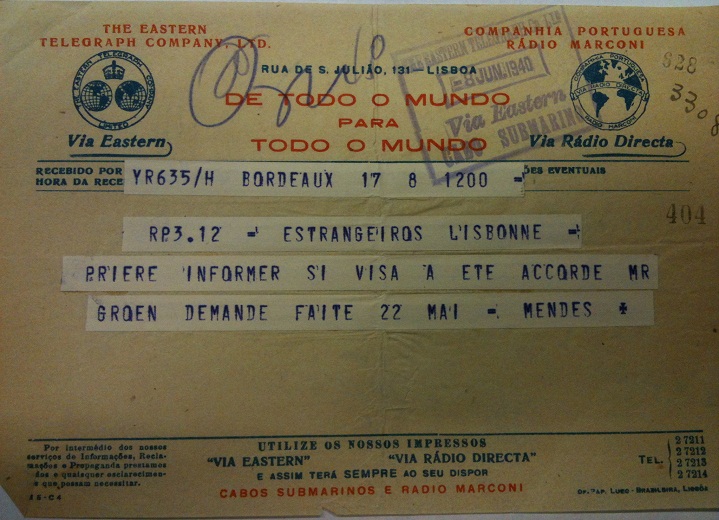Telegram from Sousa Mendes on behalf of DE GROEN