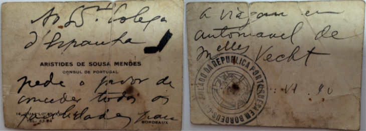 Front and back of calling card given by Sousa Mendes to Bernardine Vecht on June 6, 1940 to facilitate her journey through Spain on the way to Portugal.