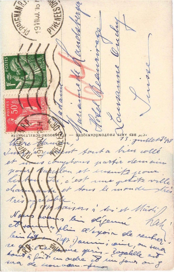 July 13, 1940 Lali's postcard from Perpignan